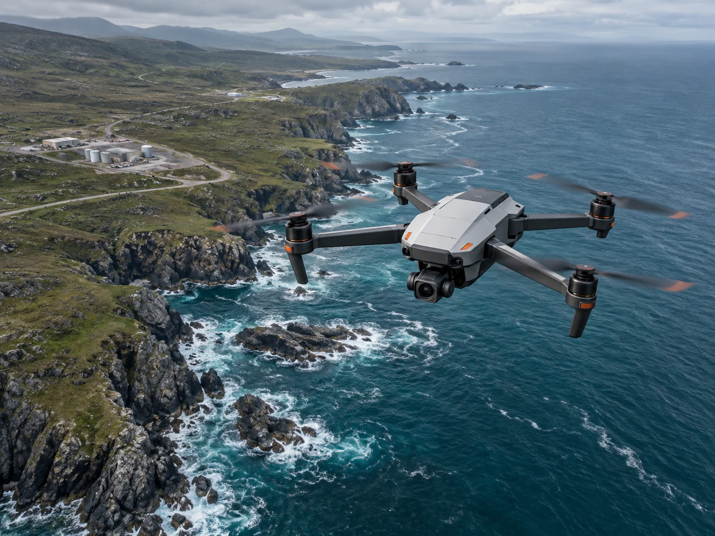 Concept quadcopter operating above a rugged coastline