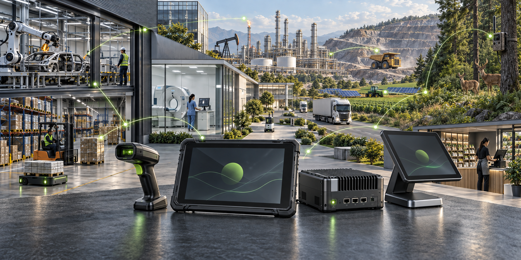 Industrial MDM concept: rugged tablets, scanners, kiosks, and edge devices connecting manufacturing, oil and gas, mining, healthcare, retail, logistics, agriculture, and forest wildlife monitoring.