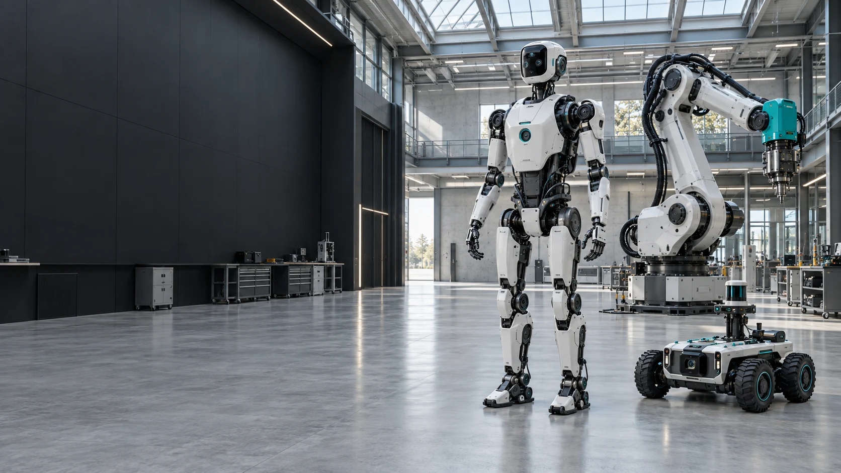 Concept humanoid, industrial arm, and mobile inspection robot in a robotics facility